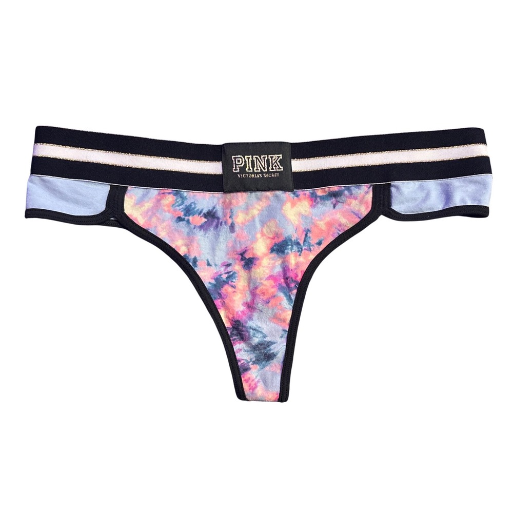 NEW PINK Victoria's Secret Tie Dye Thong Panty Logo Waistband Blue Pink M
